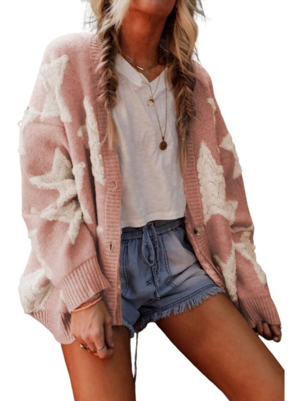 Cozy Women's Star Print Sherpa Knit Cardigan with Pockets - Soft & Stylish